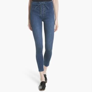 Free People Lace-Up Skinny Jeans High Waist Dark Wash Blue Denim Womens Size 29